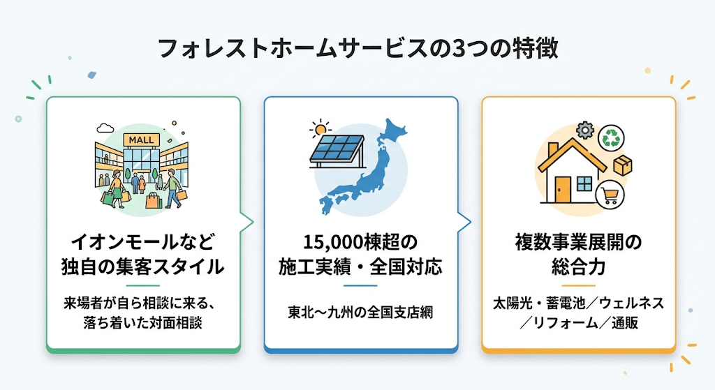 フォレストホームサービスの3つの特徴（独自の集客スタイル・15,000棟超の施工実績・複数事業展開）の図解