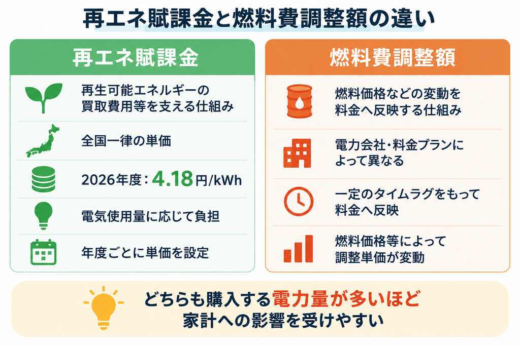 再エネ賦課金と燃料費調整額の仕組みや単価、料金への反映方法の違いを比較した図解