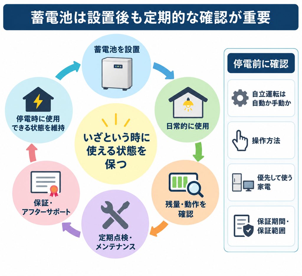 蓄電池の設置から日常使用、点検、保証確認まで、停電時に備えて定期的に確認する運用サイクル図