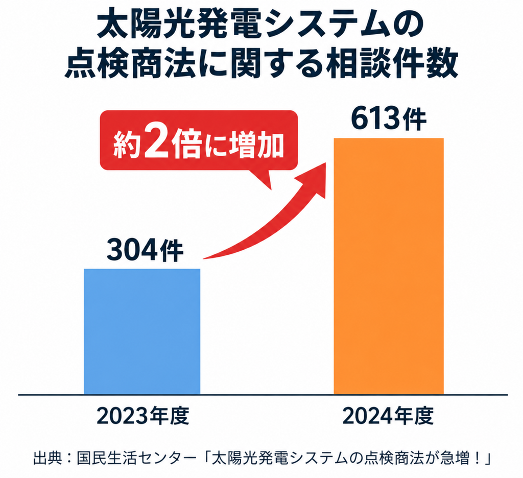 2023年度304件から2024年度613件へ約2倍に増えた太陽光発電の点検商法相談件数の比較グラフ