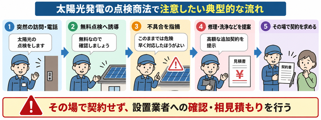 太陽光発電の点検商法で注意したい訪問から高額契約までの典型的な勧誘の流れ