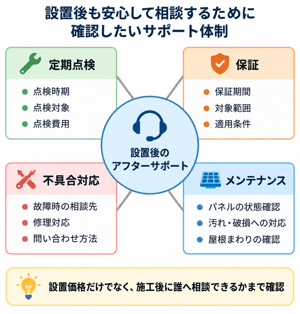 設置後の定期点検・保証・不具合対応・メンテナンスのサポート体制を示す相関図