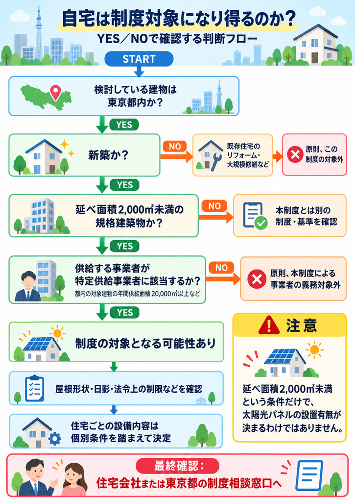 東京都の太陽光発電・建築物環境報告書制度について、自宅が対象になり得るかをYES／NOで確認できる判断フロー。新築か、延べ面積2,000㎡未満か、特定供給事業者による供給かなど、制度対象の主な確認ポイントを整理。