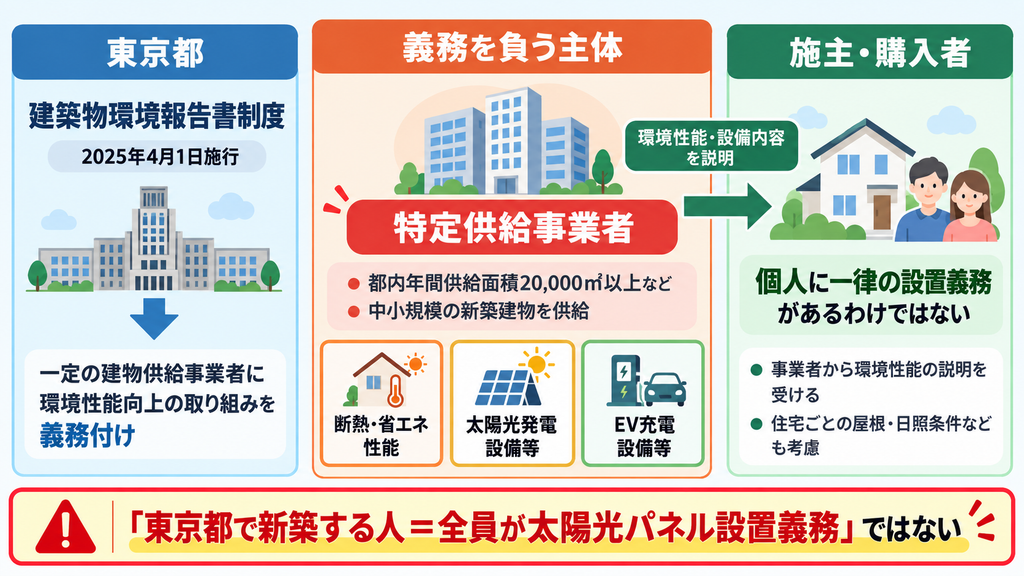 東京都の建築物環境報告書制度について、義務を負う「特定供給事業者」と施主・購入者の違いを示した図解。太陽光発電設備や省エネ性能、EV充電設備などの対象内容と、個人に一律の設置義務があるわけではないことを説明。