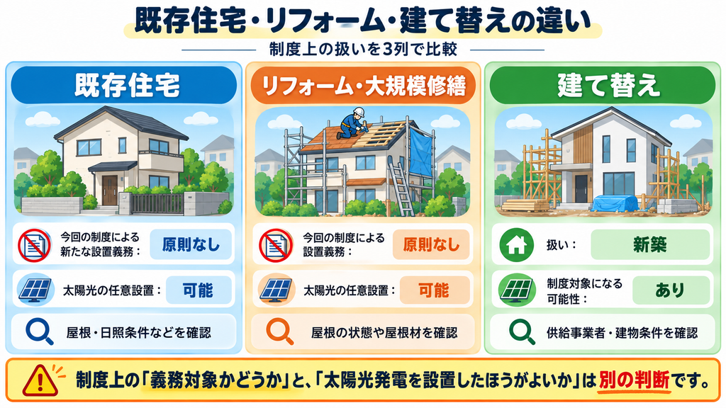 東京都の太陽光発電制度について、既存住宅・リフォーム・建て替えの扱いを3列で比較した図解。既存住宅や大規模修繕は原則として新たな設置義務がなく、建て替えは新築として制度対象になる可能性があることを説明。