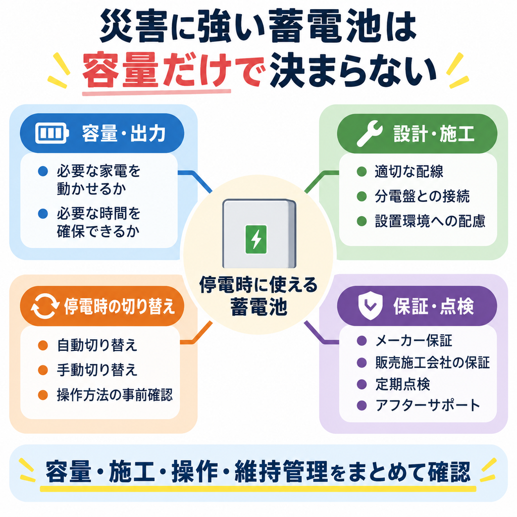 災害時の蓄電池は容量だけでなく施工や切り替え方法、保証・点検を含めて選ぶことが重要