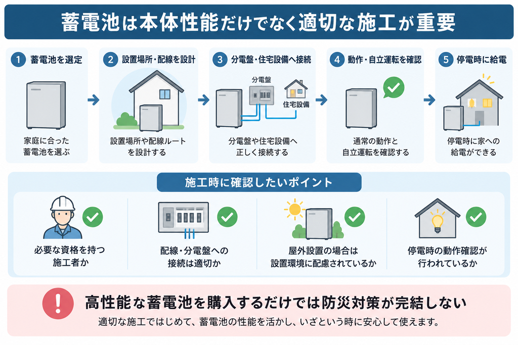 蓄電池の選定から施工・動作確認・停電時の給電まで、適切な施工の重要性を示すフロー図