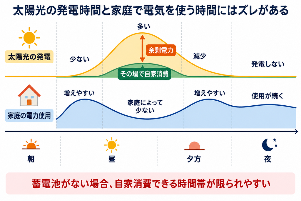 太陽光の発電量と家庭の電力使用量の時間帯のズレ、自家消費と余剰電力を示したイメージ図