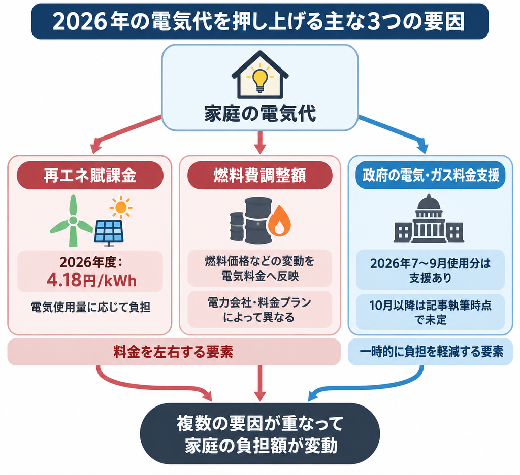2026年の家庭の電気代を左右する再エネ賦課金・燃料費調整額・政府支援の関係を示す図解