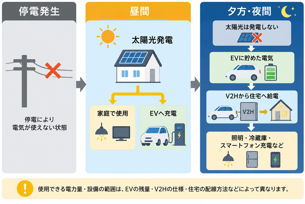 停電時に太陽光でEVを充電し夜間はV2Hから住宅へ給電する流れ