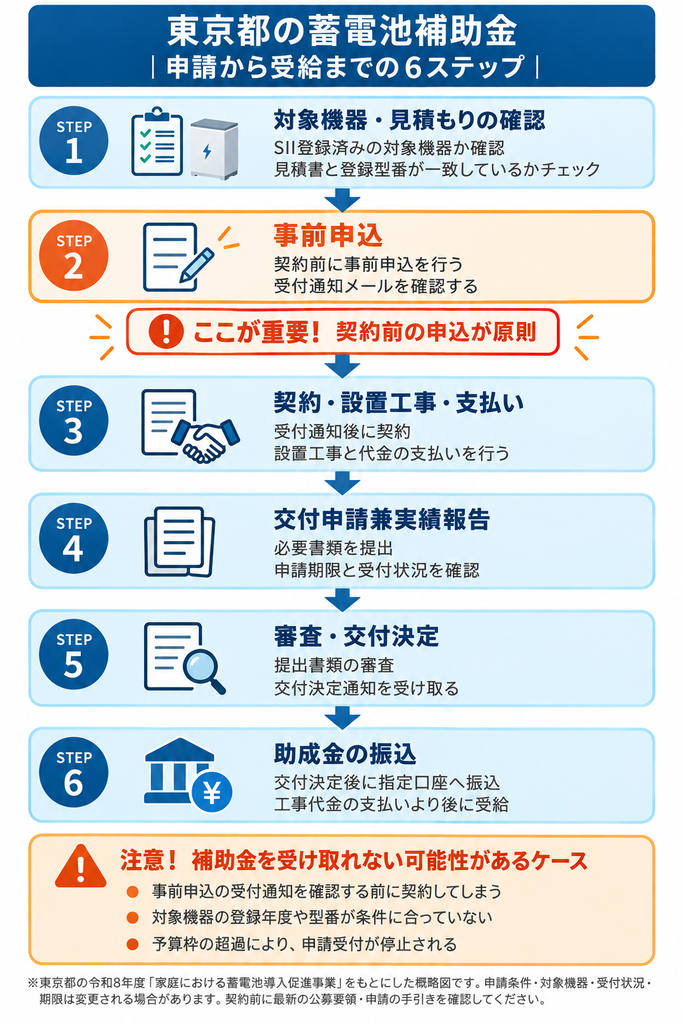 東京都の蓄電池補助金について、対象機器の確認から契約前の事前申込、設置工事、交付申請、助成金受給までの流れを示す図