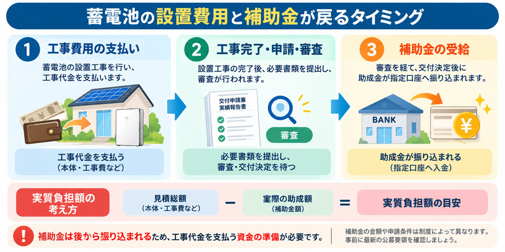 蓄電池の設置費用を支払ってから、工事完了後の交付申請兼実績報告、審査・交付決定を経て補助金が振り込まれるまでの3ステップを示した図解。