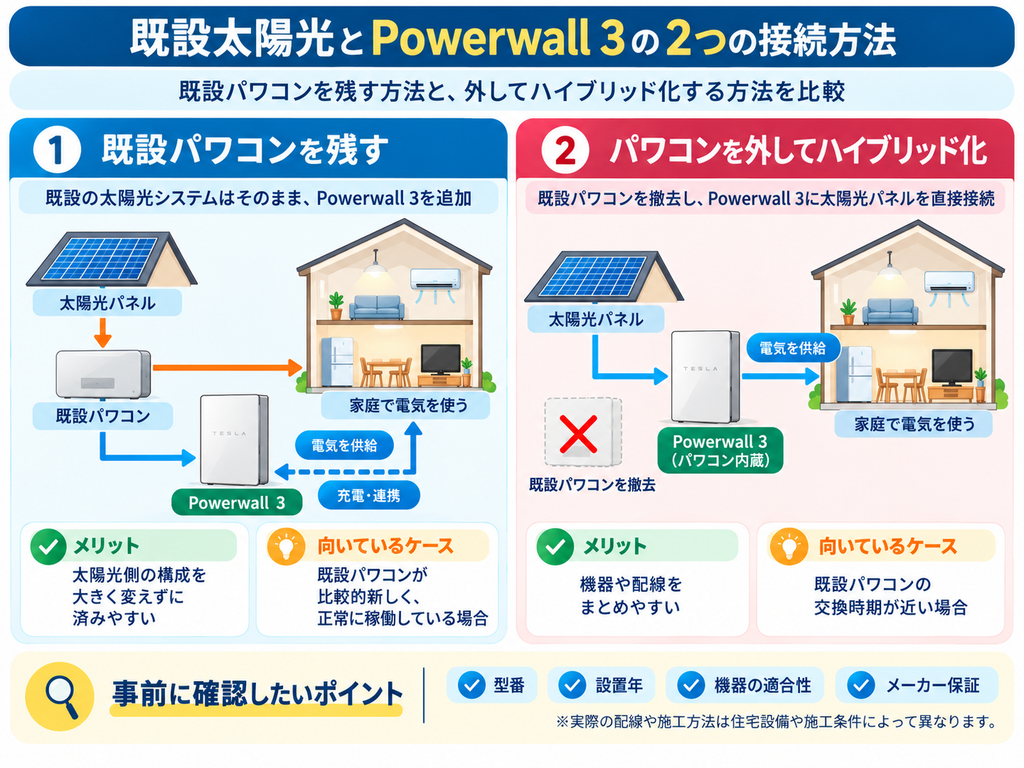 既設の太陽光発電にPowerwall 3を接続する2つの方法を比較した図解。