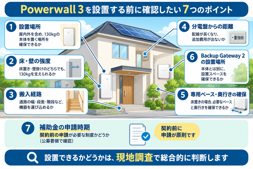 テスラ蓄電池Powerwall 3の設置前に確認すべき、設置場所、床・壁の強度、搬入経路、分電盤との距離、専用ベース、Backup Gateway 2の設置スペース、補助金の申請時期を住宅イラストで示した図解。